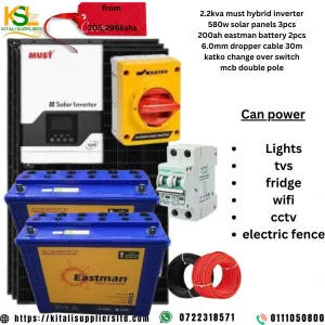 2.2kv must hybrid inverter, 3pc 580w solar panel, 2pc 200ah Eastman  battery, 6.0mm 30m cable,change over switch, mcb Double pole