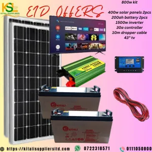 800w solar panel, 2pc 200ah battery, 1500w inverter, 30a controller, 10m dropper cable , 43" smart tv