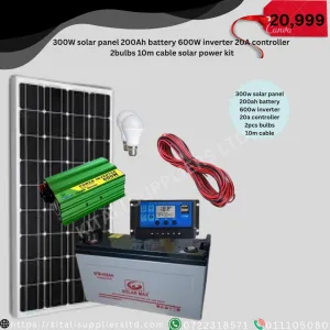 300W solar panel 200Ah battery 600W inverter 20A controller  2bulbs 10m cable solar power kit