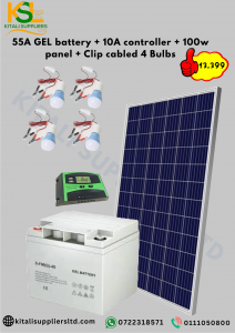 Off-Grid Solar Lighting and Charging Kit – 55Ah GEL Battery, 100W Panel, 10A Controller & 4 Clip-Cabled LED Bulbs