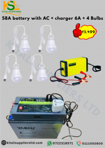 58Ah Solar Battery Kit with AC Output, 6A Charger, and 4 LED Bulbs – Complete Off-Grid Power Solution