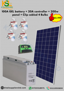Advanced Off-Grid Solar Lighting and Charging Kit – 100Ah GEL Battery, 20A Controller, 200W Panel, and 4 Clip-Cabled Bulbs