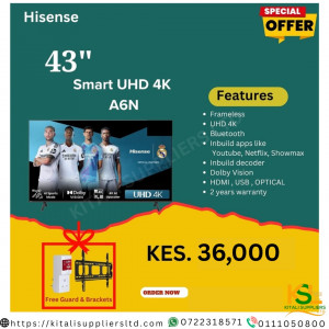 Hisense 43-Inch Smart UHD 4K Frameless TV A6N with Dolby Vision, HDR10 & Free Wall Bracket – Ultra HD Smart Entertainment at a Special Offer in Nairobi