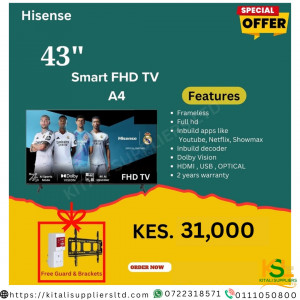 Hisense 43-Inch Frameless Smart FHD TV A4 Series with Inbuilt Apps, Dolby Audio & Free Wall Bracket – Best Value Home Entertainment Offer in Nairobi
