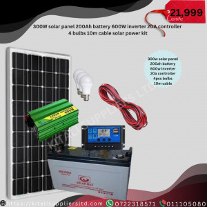300W Solar Power Kit with 200Ah Battery, 600W Inverter, 20A Controller, 4 LED Bulbs & 10m Cable - Ideal for Nairobi Homes