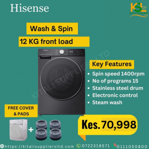 Hisense 12KG Front Load Washing Machine with 1400rpm Spin, 15 Programs & Stainless Steel Drum – FREE Dust Cover & Anti-Vibration Pads – Ultimate Laundry Solution in Nairobi