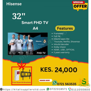 Hisense 32-Inch Frameless Smart FHD TV A4 with Built-in Apps, Dolby Audio & Free Wall Bracket – Compact Home Entertainment TV on Special Offer in Nairobi