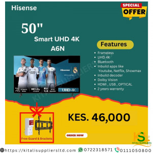 Hisense 50-Inch Frameless Smart UHD 4K TV A6N with Dolby Vision, HDR10+, Built-In Apps & Free Wall Bracket – Premium Entertainment Deal in Nairobi
