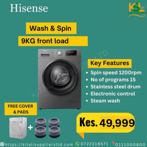 Hisense 9KG Front Load Washing Machine WFPV9014EMT – 1200rpm Spin, Steam Wash, 15 Smart Programs, Inverter Motor, Stainless Steel Drum + Free Cover & Pads – Nairobi Home Laundry Solution