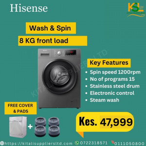 Hisense 8KG WFPV8012EMT Front Load Washing Machine – 1200rpm Spin, 15 Programs, Inverter Motor, Stainless Steel Drum – Energy Efficient Laundry Solution**