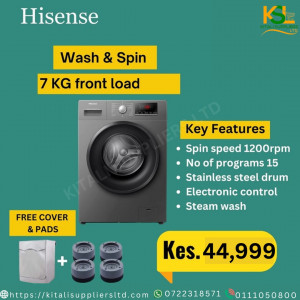 Hisense 7KG Front Load Washing Machine WFPV7012EMT – 1200rpm Spin, Steam Wash, 15 Wash Programs, Stainless Steel Drum + Free Cover & Pads – Compact & Efficient Laundry Solution for Nairobi Ho