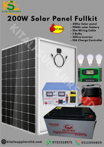 Kitali 200W Solar Power Starter Kit – Includes 200W Solar Panel, 100Ah Battery, 300VA Inverter, 10A Charge Controller & 3 LED Bulbs – Ideal for Homes, Small Shops & Emergency Power