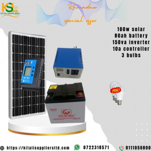 Kitali 100W Solar Power Starter Kit – Off-Grid Mini Solar System with 100W Panel, 80Ah Battery, 150VA Inverter, 10A Controller, 10m Cable & 3 LED Bulbs