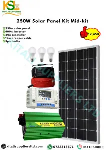 250w solar panel, 600w inverter, 20a controller, 10m dropper cable 3pc bulbs