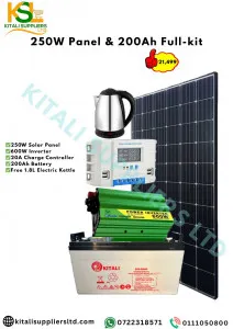 250W Solar Panel Kit with 600W Inverter, 20A Controller, 200Ah Battery + Free 1.8L Kettle