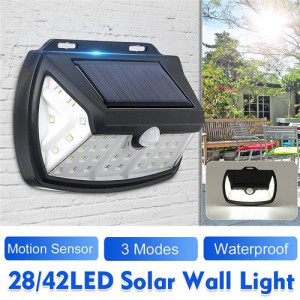 solar powered wall light 28/42 led pir motion sensor 3 modes waterproof ip65 security floodlight street lamp outdoor yard garden stair solar 28 led
