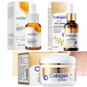 SADOER 3 in 1, Collagen Anti Aging Cream + Vitamin C Face Brightening Essence + Collagen Anti Aging Face Serum