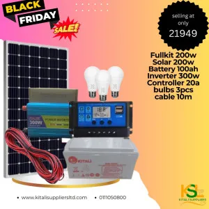 200W Solar Panel Kit with 100Ah Battery, 300W Inverter, 20A Controller, 3 Bulbs & 10m Cable