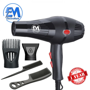 ElectroMate EM Blow Dryer 2200W – Professional Hair Blower with 3 Speed & 2 Temperature Settings + Styling Nozzles & Comb Attachments