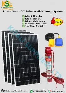 Rutan Solar DC Submersible Pump System – 750W Pump, 96V, 75M Head, 4x 200W Solar Panels + Float Switch.