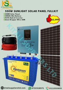 Sunlight 550W Solar Fullkit – 550W Solar Panel + 200Ah Battery + 1kVA Hybrid Inverter + 20m Cable