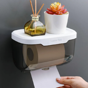Wall Mounted Toilet Paper Holder – Waterproof Bathroom Tissue Box with Storage Tray & Mobile Phone Shelf