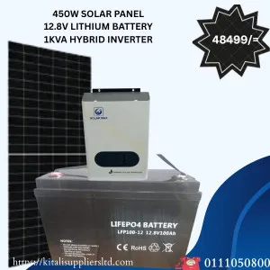 450W Solar Panel Kit with 12.8V 100Ah LiFePO4 Battery & 1kVA Hybrid Inverter