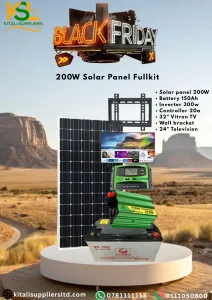 200W Solar Kit with 24" TV – 150Ah Battery, 300W Inverter, 20A Controller & Accessories