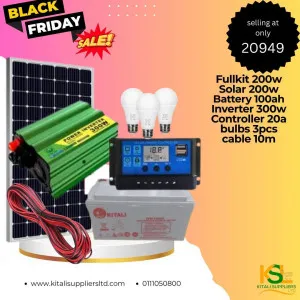 200W Complete Solar Kit – 100Ah Battery, 300W Inverter, 20A Controller, 3 LED Bulbs & 10m Cable | Ready-to-Use Off-Grid Power Solution