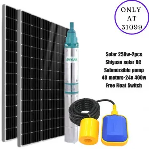 Shiyuan Solar DC Submersible Pump Kit – 24V 400W (40m Depth) with 2×250W Solar Panels & Float Switch