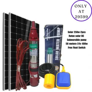 Rutan Solar DC Submersible Pump Kit – 24V 400W Pump (50m Depth) with 2×250W Panels & Float Switch