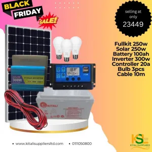 Fullkit 250W Complete Solar Kit – 250W Panel, 100Ah Battery, 300W Inverter + Bulbs & Cable