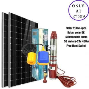 Rutan Solar DC Submersible Pump Kit – 250W x2 Panels, 50m Depth, 24V 400W + Free Float Switch