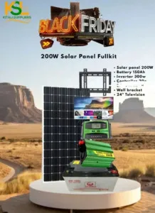 Complete 200W Solar Power Kit with 150Ah Battery, 300W Inverter, 20A Charge Controller, Wall Mount Bracket & 24-Inch LED TV – Ideal for Off-Grid, RV, or Backup Use.