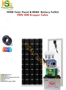 100W Solar Panel Kit with 80Ah Battery, 150VA Inverter, 10A Charge Controller, 3 LED Bulbs and 10m Dropper Cable – Complete Off-Grid Home Lighting Solution