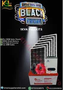 150W Solar Power Kit – 200Ah Battery + 1KVA Hybrid Inverter + 20m Cable | Complete Home Solar System
