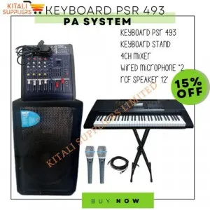 Yamaha PSR-493 Keyboard with Stand, 4-Channel Mixer, Wired Microphone & 2 RCF 12” Speakers – Complete Professional Sound Package
