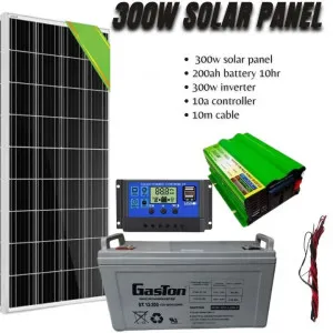 300W Solar Panel with 200Ah Battery, 300W Inverter, 10A Controller and 10M Cable – Complete Off-Grid Solar Power Kit for Home, RV, Cabin, and Outdoor Use