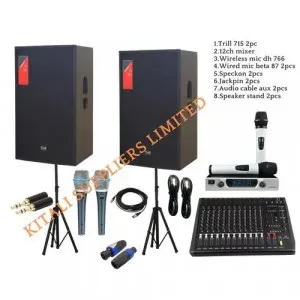 Trill Speaker 715 (2PCS) with 12CH Mixer, Wireless Mic DH766, Beta 87 Wired Mics (2PCS), Speckons, Jack Pins, Audio Cables & Speaker Stands – Complete Sound System Package