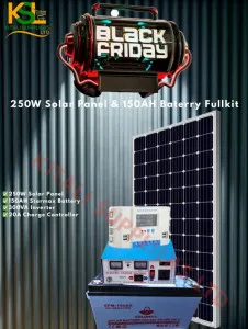 250W Solar Full Kit System | 250W Panel + 200Ah Battery + 600W Inverter + Charge Controller + Cables + 5 LED Bulbs