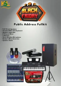 Complete Audio & Music Setup – Trill 15" Speakers, Yamaha PSR E-473 Keyboard, 8-Channel Mixer, Shure Wireless Mic, Honda 3.5KVA Generator & Accessories