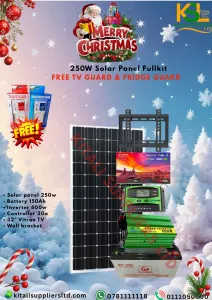 “250W Full Kit With 250W Panel, 150Ah Battery, 600W Inverter, 20A Controller, 32'' TV, Wall Bracket + Free TV & Fridge Guard