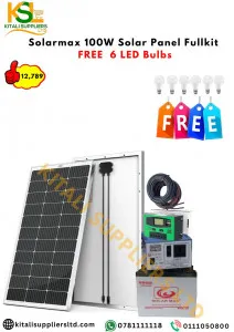 Solarmax 100W Fullkit With 100W Panel, 150VA Inverter, 10A Controller, 10M Dropper Cable + Free 6 LED Bulbs