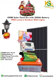 450W Fullkit With 450W Panel, 200Ah Battery, 1000W Inverter, 20A Charge Controller, 32" Tv Plus Free Lantern Outdoor Wall Lights