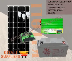 Sunnypex Solar Kit 150W + 100Ah Battery + 300W Inverter + 20A Controller + 3 Free LED Bulbs | kitalisuppliers