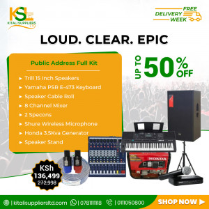 Public Address (PA) Full Kit – Trill 15” Speakers + Yamaha PSR-E473 Keyboard + Generator
