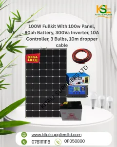 100W Fullkit With 100w Panel, 80ah Battery, 300Va Inverter, 10A Controller, 3 Bulbs, 10m dropper cable