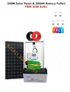 ☀️ 250W Monocrystalline Solar Full Kit – 200Ah Battery + 600W Pure Sine Wave Inverter + 20A/30A Controller + FREE 5 LED Bulbs 🔋💡