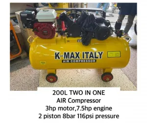 200L Two In One Air Compressor 3hp Motor, 7.5hp Engine 2 Piston 8 Bar 116psi Pressure