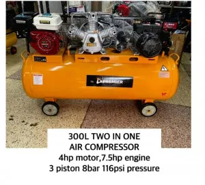 300L Two In One Air Compressor 4hp Motor, 7.5hp Engine 3 Piston 8 Bar 116psi Pressure